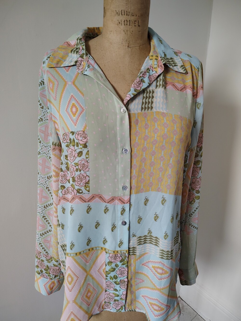 Rose & Olive Pastel Patchwork Button-Up Blouse - Light Blue, Pink, Yellow, Green
